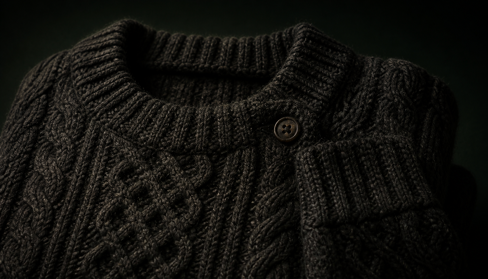 Close detail of a charcoal Aran fisherman sweater