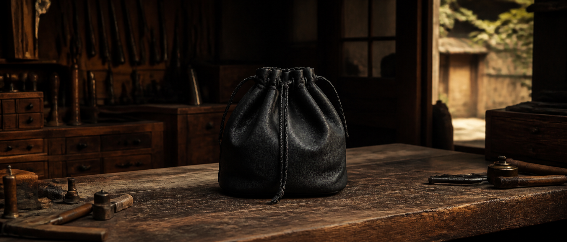 Black handcrafted leather drawstring bag on a Kyoto workshop bench