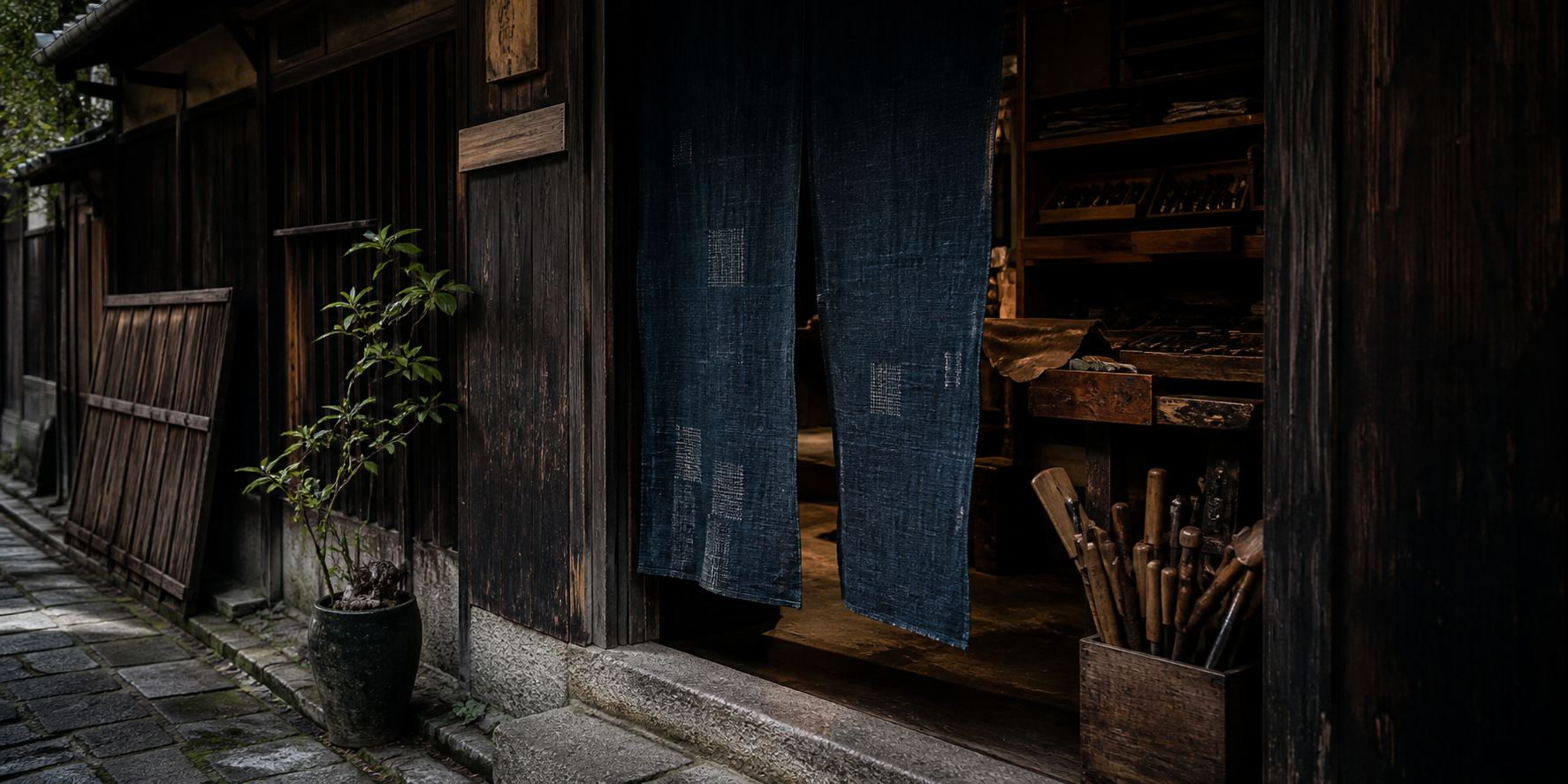 Shadowed traditional leather workshop entrance in Kyoto