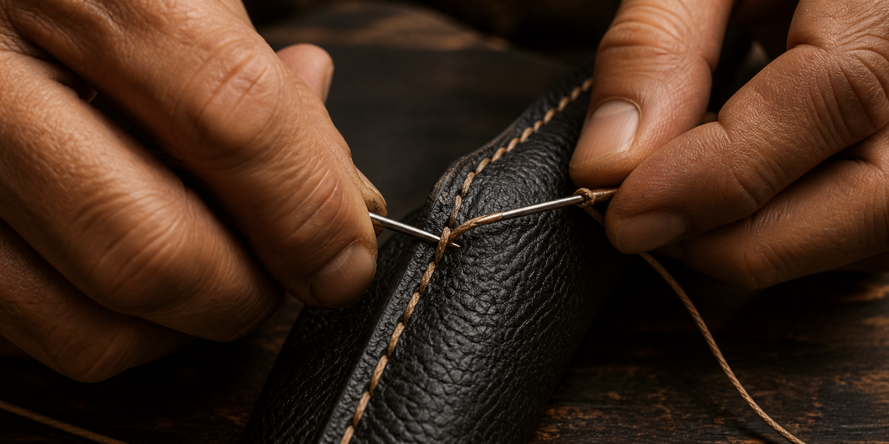 Artisan saddle-stitching black leather by hand